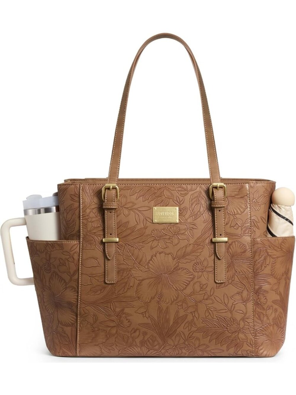 Vintage Leather Laptop Tote Bag for Women, 15.6" Work Bag with Water Bottle